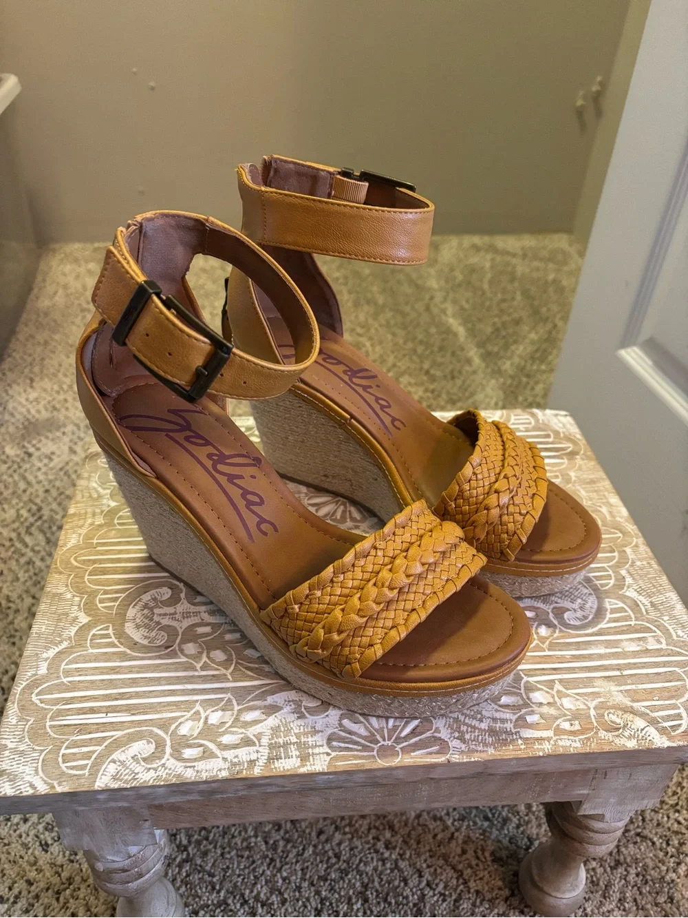 Zodiac Mustard Braided Ankle-Strap Wedge Sandals